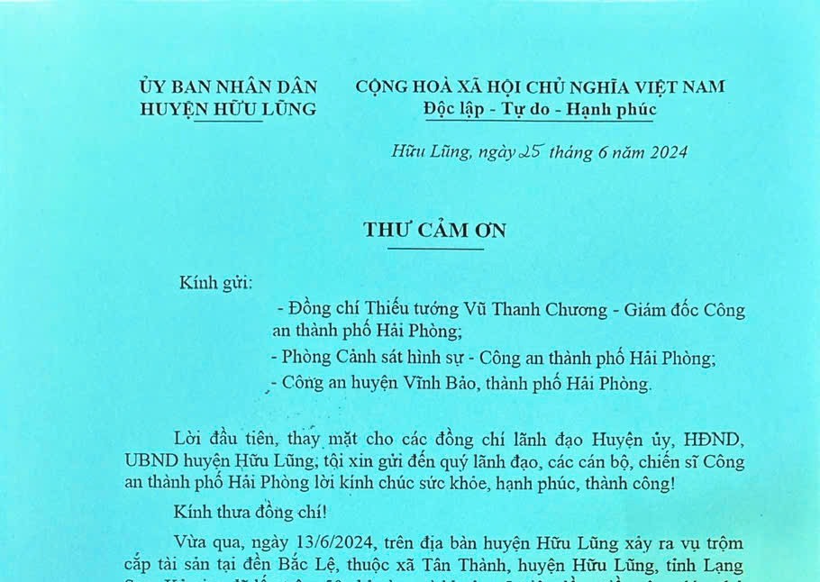 Huyện ủy, HĐND, UBND huyện Hữu Lũng gửi thư cảm ơn Công an thành phố